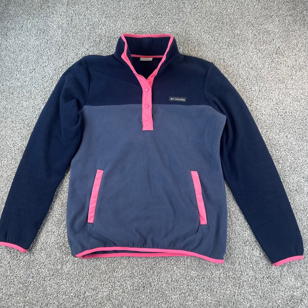 Columbia Girls Benton Springs Fleece M 10/12 Pullover Snap Navy Grey Pink Pocket
